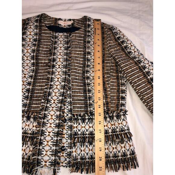 Tory Burch Jessica Tweed Jacket Size 6 Blazer Hidden Snaps Fringe Brown Black - Picture 5 of 9